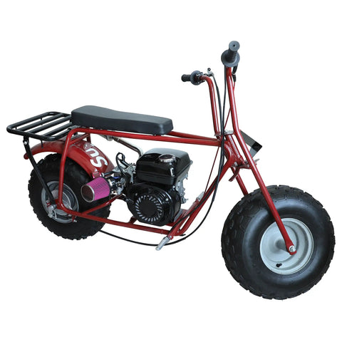 Red mini bike with Stage 2 Beefed Up Carburetor Exhaust Muffler Kit for Predator 212cc engine, showing side view.