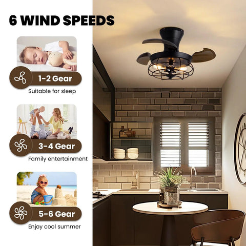 36 Inch Black Caged Retractable Blade Ceiling Fan With Lights And Remote Five Light Rustic Industrial Chandelier Style For Modern Farmhouse Decor In Dining Room Living Room And Bedroom With Reverse Function over kitchen table