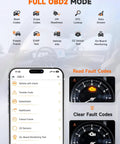 Bluetooth OBD2 Scanner For DIYers Fix Check Engine Light Pass Smog At Home Code Reader screen with gauge display.