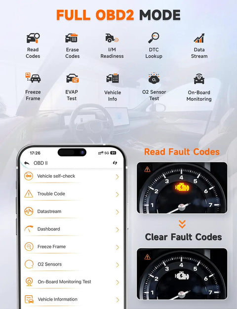 Bluetooth OBD2 Scanner For DIYers Fix Check Engine Light Pass Smog At Home Code Reader screen with gauge display.