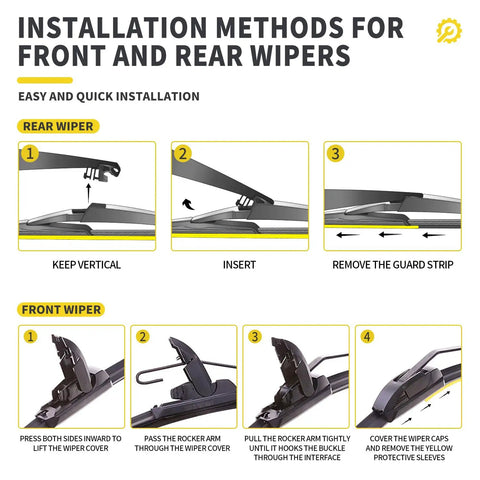 Installation methods for Front And Rear Windshield Wiper Blades 28 20 16 Inch Set Compatible With 2011 2020 Toyota Sienna.