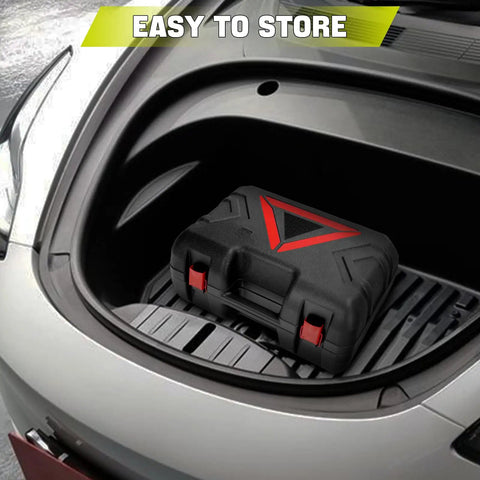 Cordless 5 Ton Hydraulic Floor Jack With 220W Motor LED Light And Remote For Easy Tire Swaps stored in car trunk