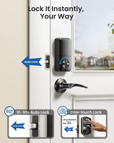 Keyless Front Door Lock With Dual Lever Handles Electronic Keypad Deadbolt Easy Install Smart Lock Set in a matte black finish.