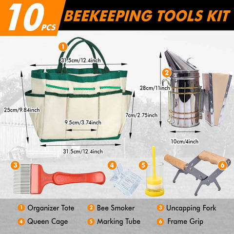 9 Piece Beekeeping Tools Kit With Organizer Tote For Beekeepers Starter Set Includes Bee Smoker, Uncapping Fork, Frame Grip