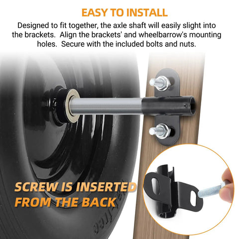 Beefed Up Heavy Duty Wheelbarrow Axle Bracket Set Includes Ten Inch Axle Shaft Five Eighth Inch Hole Two Brackets Nylon Spacers