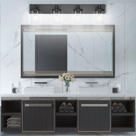 Farmhouse Four Light Matte Black Vanity Light Fixture With Clear Glass Shades For Bathroom Ceiling 33.9 Inch Long Aluminum Construction