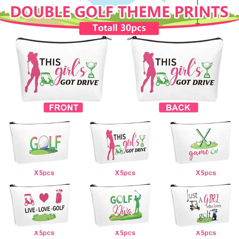 30 Pack Golf Gift Bags And Cosmetic Pouches For Women with inspirational golf-themed designs and zipper, shown in six styles.