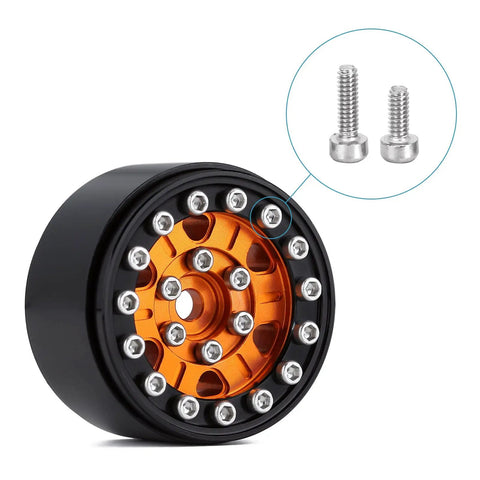 Close-up of RC wheel with screws from Heavy Duty Stainless Steel Screw Set With Handy Storage Box For 1 24 Axial SCX24 RC Car Upgrades.
