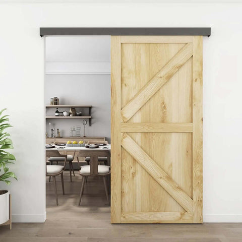 8 Ft Barn Door Sliding Hardware Track Kit Built Tough With Aluminum Alloy Box Rail, fits wooden doors up to 48" wide, installed view