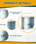 Product details showing Eight Pack 4x4 Inch Metal Electrical Junction Boxes 2-1/8 Inch Deep Square Silver Galvanized Steel Drawn Construction