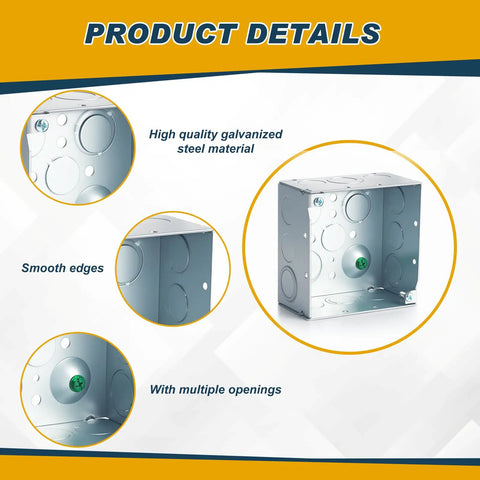 Product details showing Eight Pack 4x4 Inch Metal Electrical Junction Boxes 2-1/8 Inch Deep Square Silver Galvanized Steel Drawn Construction