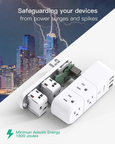 Rotating Plug Outlet Extender With Surge Protector 1800 Joules, 6 AC Outlets And 3 USB Ports USB-C Fast Charge, 3-Sided Swivel Power Strip For Home Travel Dorm Room Essentials