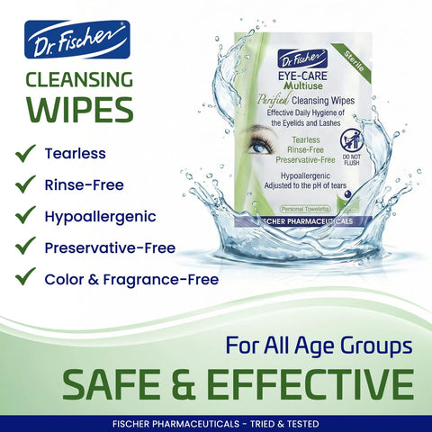 Dr. Fischer Eyelid Wipes Twin Pack; tearless, rinse-free, hypoallergenic, preservative-free cleansing wipes.