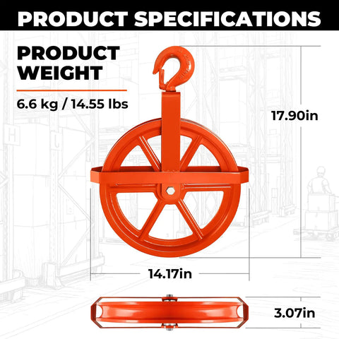 12 Inch Scaffold Hoist Pulley Wheel With Ladder Hooks, Heavy Duty Iron Wheel, 1000 Lb Capacity, Durable Construction For Safe Lifts, Rope Compatibility Five Eighths Inch, Great For Eight Millimeter Or Five Sixteenth Inch Rope, orange