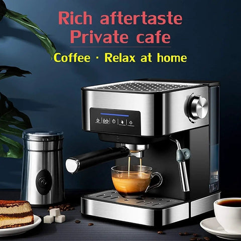 Professional Espresso Machine With Fully Automatic Brew System And Milk Frother, Stainless Steel Commercial Coffee Maker with cup.