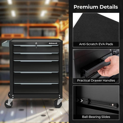 Badass Heavy Duty Steel Rolling Tool Chest With Five Ball Bearing Drawers Central Keyed Lock Solid Grip Handle Pegboard Slots And Smooth Glide Locking Casters For Garage Or Shop Setup