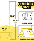 Backyard Trapeze Swing Bar with 50.4 and 55.5 inch chain lengths and two snap hooks, detail of dimensions and sizes.