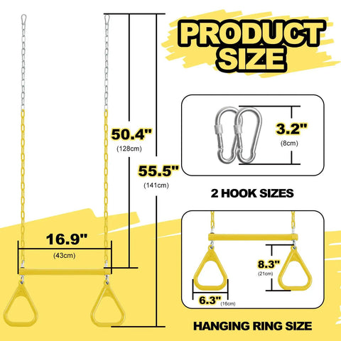 Backyard Trapeze Swing Bar with 50.4 and 55.5 inch chain lengths and two snap hooks, detail of dimensions and sizes.