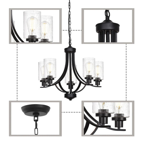 5 Lights Traditional Chandelier Black Farmhouse Pendant Ceiling Light Fixture With Seeded Glass Shades close-up details