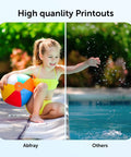 Comparison of image quality showing a vibrant print of a child with a beach ball by a pool, illustrating "High qunality Printouts."