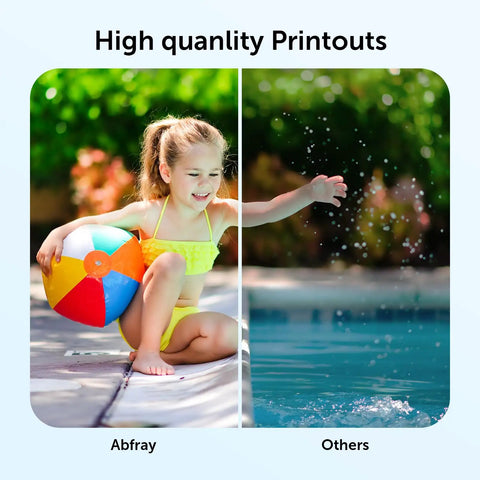 Comparison of image quality showing a vibrant print of a child with a beach ball by a pool, illustrating "High qunality Printouts."