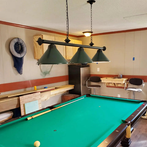 59 Inch Hanging Pool Table Light With Three Shade Billiard Lamps, Adjustable Chain in a game room with green finish