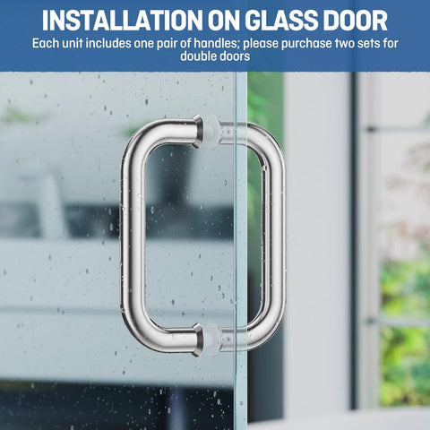 Polished Chrome 6-Inch Tubular Back-To-Back Shower Door Handle installed on glass door