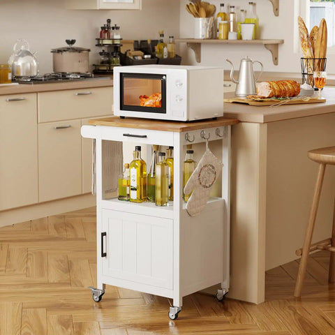 Slick Rolling Microwave Cart With Boss Level Storage Built Onto A Rock Solid Rubberwood Base, Crisp White Kitchen Island Station with olive oil and kitchen tools.