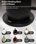 Rechargeable Self Heating Coffee Mug With Adjustable Temperature Control And Charging Base 16 Oz showing smart heating base and 6 preset modes.