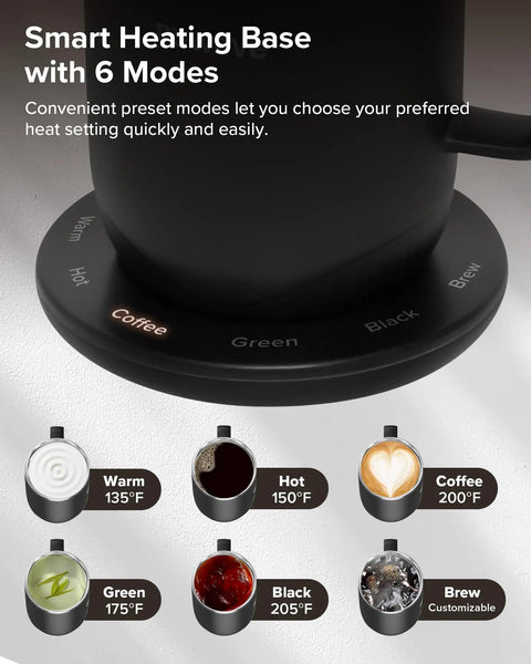 Rechargeable Self Heating Coffee Mug With Adjustable Temperature Control And Charging Base 16 Oz showing smart heating base and 6 preset modes.