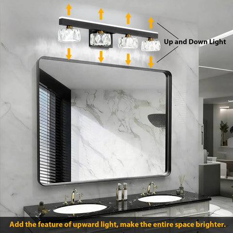 Three Light Crystal Bathroom Vanity Light Fixture Black Modern LED Wall Light 6000K Cool White Bath Light Over Mirror For Home And Master Bathrooms Looks Lit And Fresh