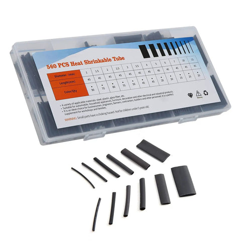 Super Durable 560 Pcs Heat Shrink Tubing Kit For Electrical Wire Insulation Protection Polyolefin Variety Of Sizes To Seal And Repair Cables In Style. assorted black polyolefin heat shrink tubing kit in storage case, multiple sizes
