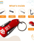 Red 5 In 1 Key Chain Multitool With LED Light And 4 In 1 Screwdriver Bottle Opener Can Opener Compact Pocket Tool Sweet Religious Gift Featuring Man Of God Verse 1 Tim 6 11 Gift Box Ready on white background showing features