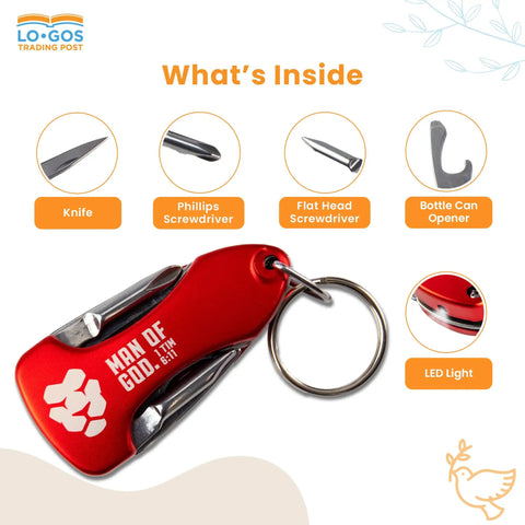 Red 5 In 1 Key Chain Multitool With LED Light And 4 In 1 Screwdriver Bottle Opener Can Opener Compact Pocket Tool Sweet Religious Gift Featuring Man Of God Verse 1 Tim 6 11 Gift Box Ready on white background showing features