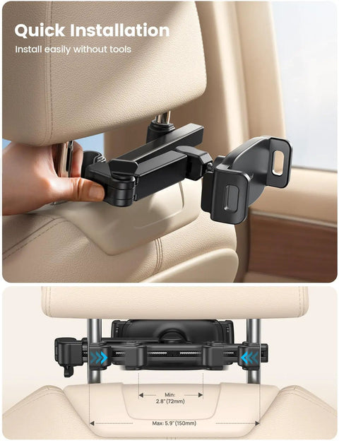 Backseat Tablet Mount With Three In One Extension Arm For Car Headrest Adjustable Holder Fits 4.7 To 11 Inch Tablets, installation view