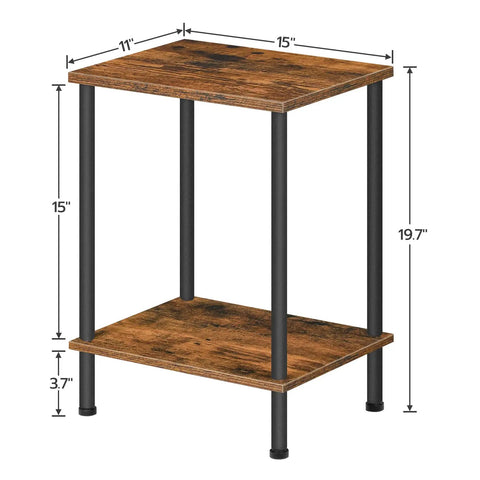 Set Of Two Rustic Brown End Tables Featuring Built Tough Industrial Frames Double Tier Storage Compact Side Tables And Nightstands For Living Rooms And Bedrooms With Easy Peasy Assembly That Actually Holds Up, 15L x 11W x 19.7H inches.