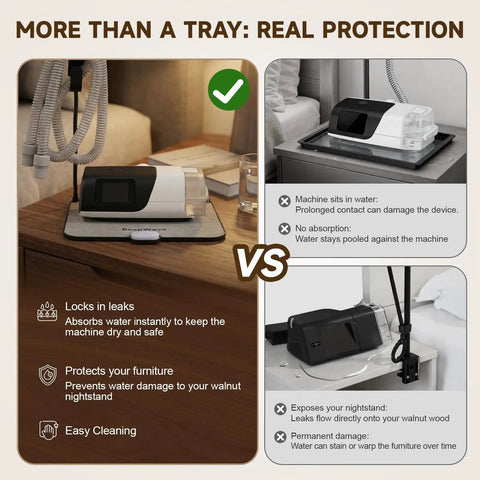 Must Have Bedside CPAP Hose Organizer With Absorbent Mat And Night Light Retractable Hook For Full Face Mask Tubing And Machine Keeps Your Nightstand Dry Tidy And Ready For Sleep Black Extended showing tray comparison