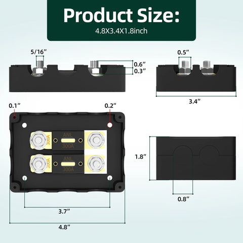 Dimensions and details of Beefy Heavy Duty Dual Fuse Holder Kit With 300A And Up To 1000A Capacity Waterproof Marine Grade