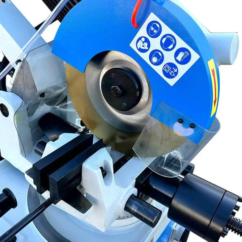 Close-up of Tough As Nails Hydraulic Cold Cut Saw Rocking Four Horsepower And Two Speed Semi Automatic Drive for smooth metal cutting.