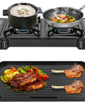 Two Burner Portable Propane Camping Stove With Double Auto Ignition Durable Dual LPG Butane Burner, pot and pan cooking.