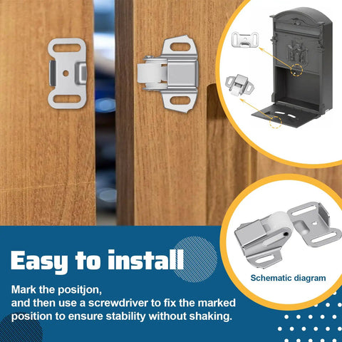 Beefed Up Heavy Duty Mailbox Door Replacement Roller Catch Latch Assembly with screws shown on wooden doors and installation diagram.