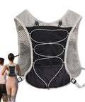 Hydration Running Vest With 5L Capacity, Reflective Water Backpack in gray mesh design, worn by two runners.