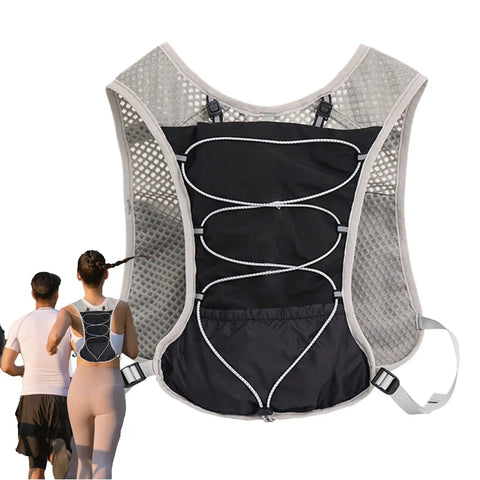 Hydration Running Vest With 5L Capacity, Reflective Water Backpack in gray mesh design, worn by two runners.