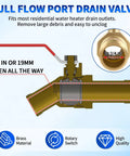 Diagram of Heavy Duty Full Port Water Heater Drain Valve with 3/4 inch NPT inlet to GHT outlet, lead-free brass construction.