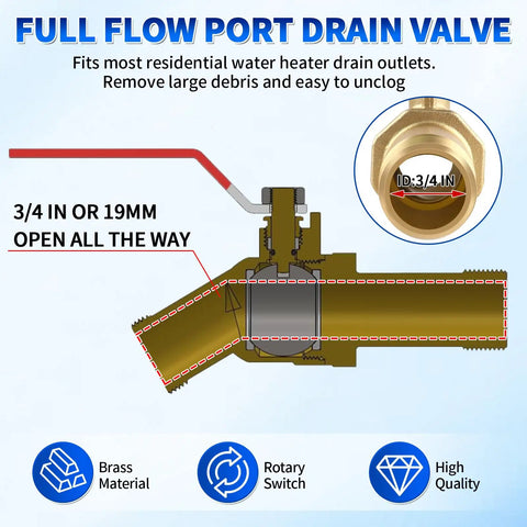 Diagram of Heavy Duty Full Port Water Heater Drain Valve with 3/4 inch NPT inlet to GHT outlet, lead-free brass construction.
