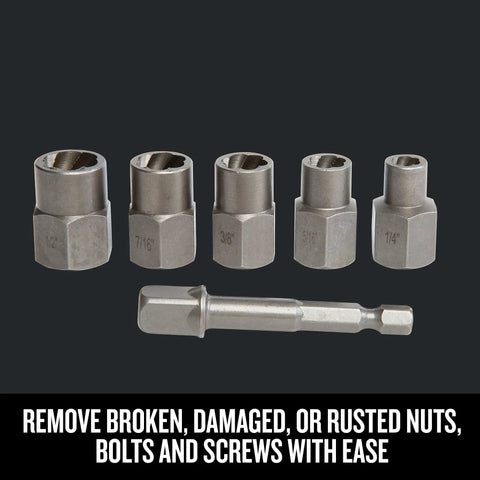 6 Piece Screw Extractor Set Universal Bolt And Nut Remover Kit with visible sizes and spiral flutes