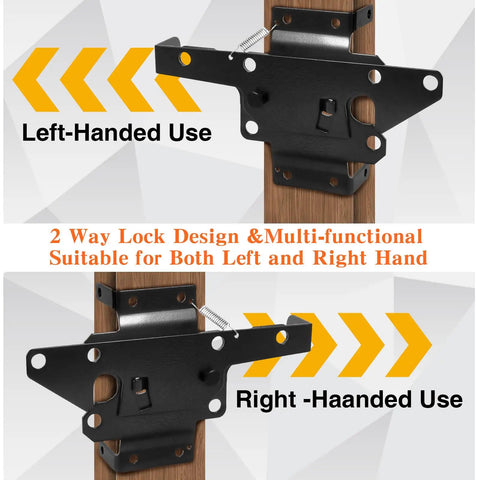 Self Closing Gate Hinge And Latch Kit For Vinyl And Wood Fence Gates Kid Safe Heavy Duty Gate Hardware With Self Locking Latch Adjustable Hinges And Included Screws 2 Latches And 4 Hinges Easy Installation. left and right-handed black steel gate latch on wood post