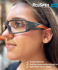 Kick Ass Full Frame Clear Safety Glasses With Smooth Sporty Fit And Badass 99 Point 9 Percent Uv Shielding For Serious Eye Coverage And All Day Grind Comfort In A 144 Pair Bulk Pack on a woman.