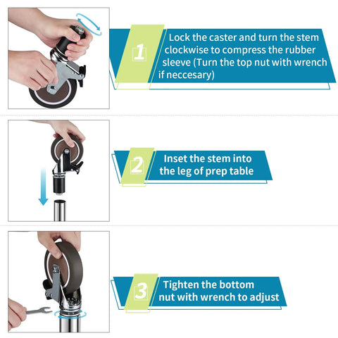 Installation guide for Rock Solid 4 Inch Expanding Stem Casters Delivering Ghost Quiet Tpe Roll With Lock Brakes, showing locking and positioning steps.