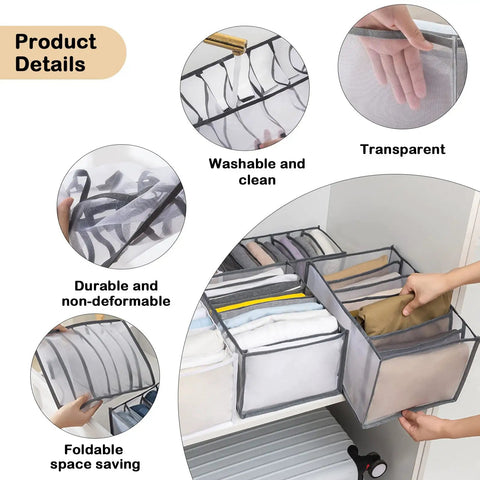 Mesh Nylon Wardrobe Drawer Organizer Set For Closet Storage shown in use with transparent, foldable compartments